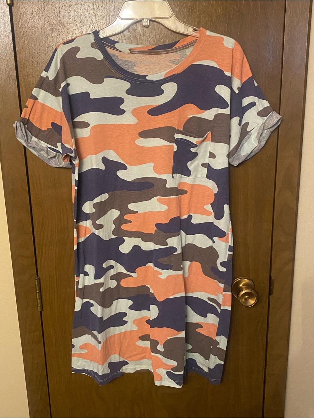Eddie Bauer Orange Navy and Light Gray Camo Tee Dress